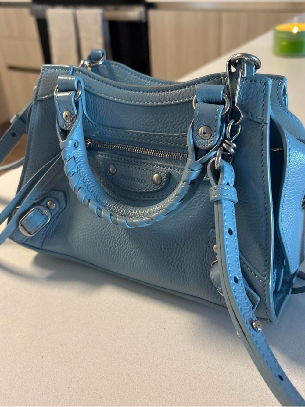 Classic Small Leather Satchel Handbag in Light Blue